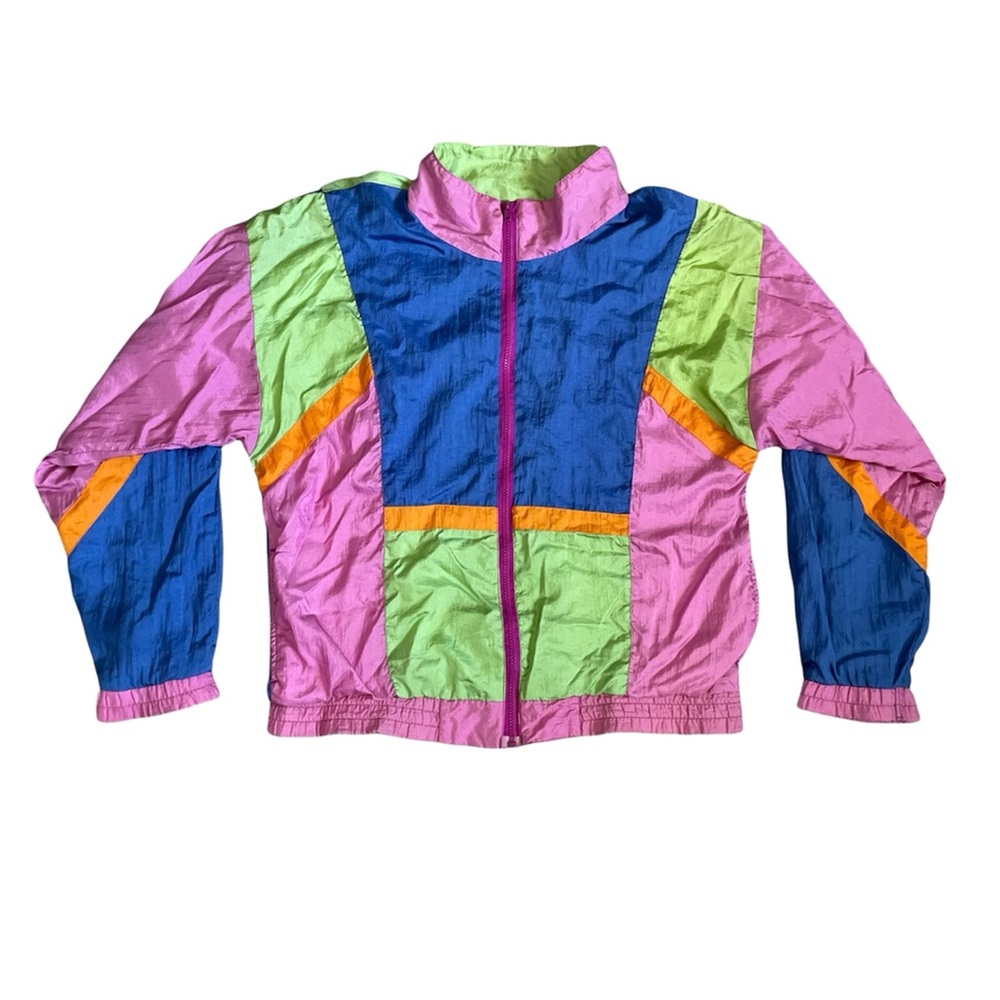 Vintage Retro Shell Shock Colorblock Pink Blue Green Zip Up Windbreaker Jacket
